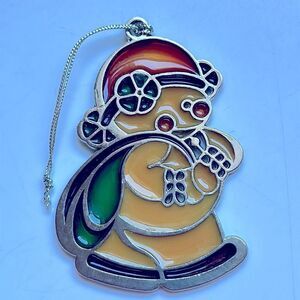 Russ Stained Glass Chrome Plated Snow Man with green bag Ornament